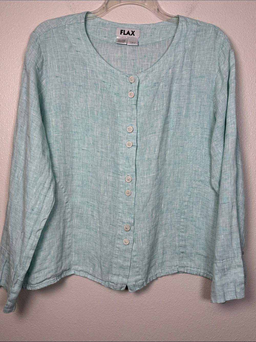 FLAX Linen Jacket Women M Aqua Button Front Pockets Artsy Lagenlook Coastal Flaw